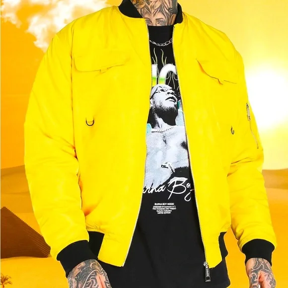 BoohooMan burns Boy bright yellow jacket sz Large L bomber jacket - Picture 1 of 4